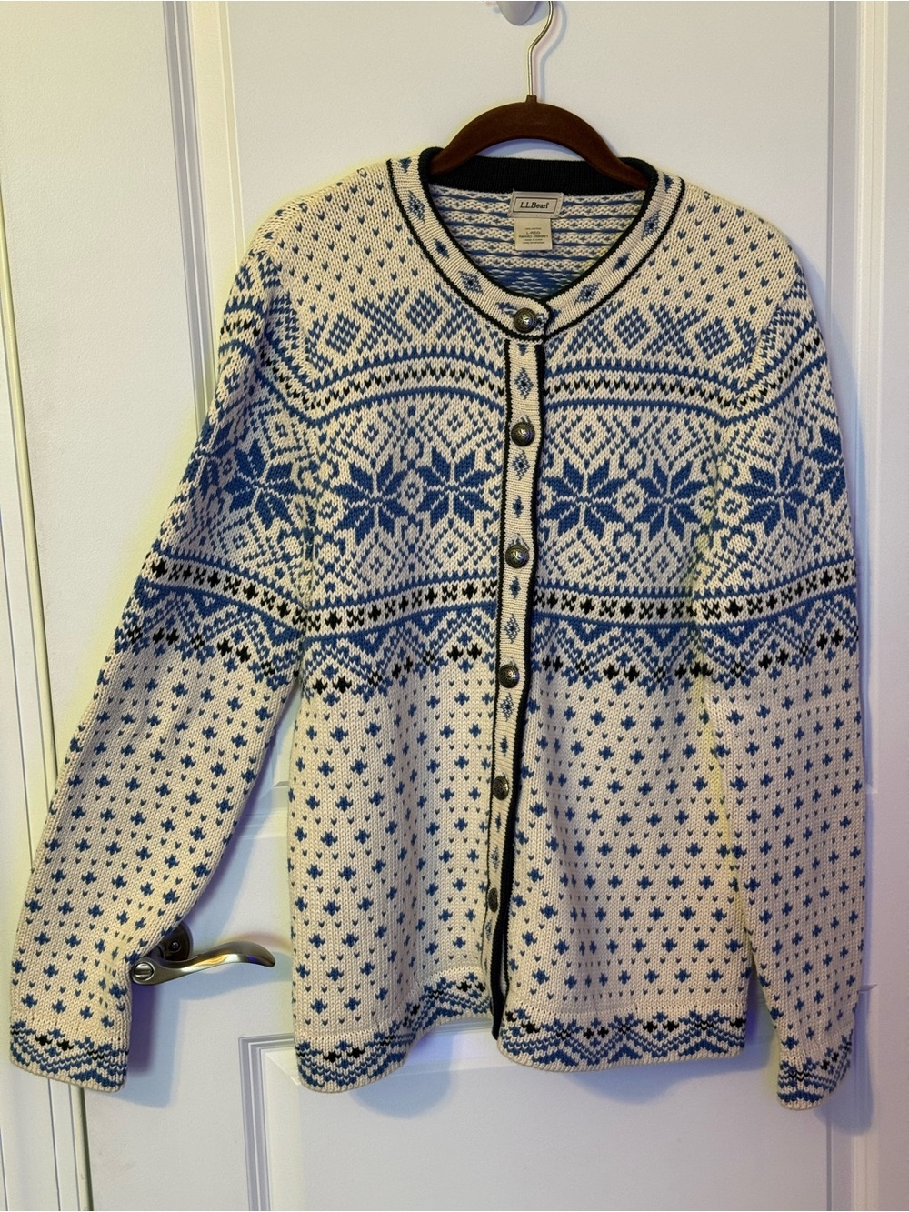 L.L.Bean Women’s Large Fair Isle Nordic Cardigan Blue Ivory 100% Cotton